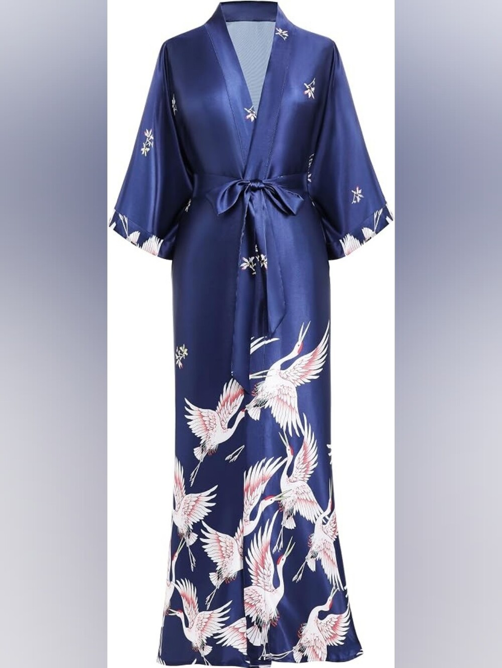 Long Satin Kimono Robe Crane Print Sleepwear Silky Lighweight Side Pockets
